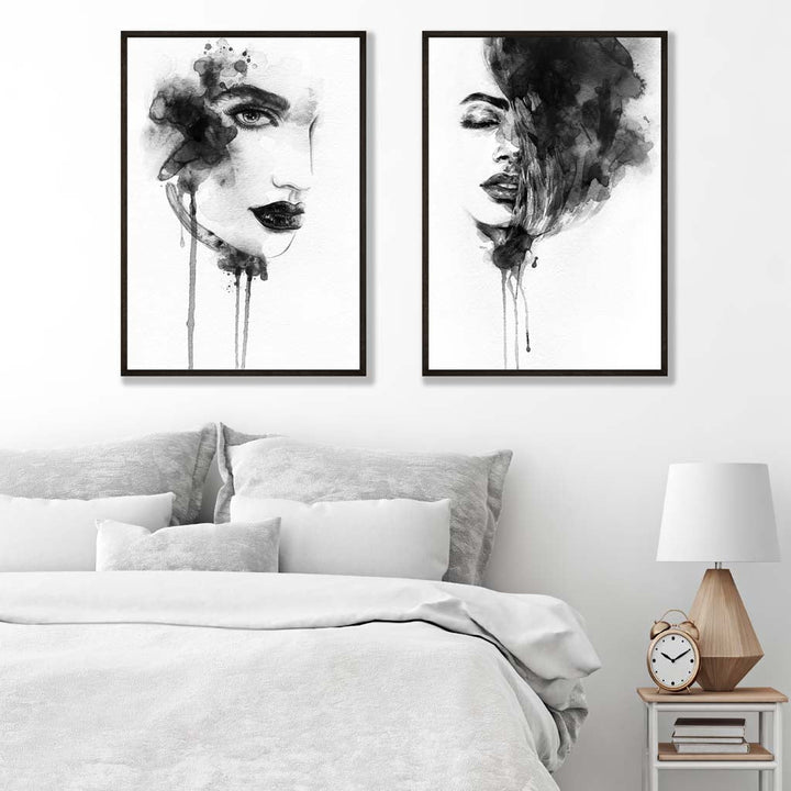 Black-and-white fashion illustrations framed set of 2 art prints | Bowlift