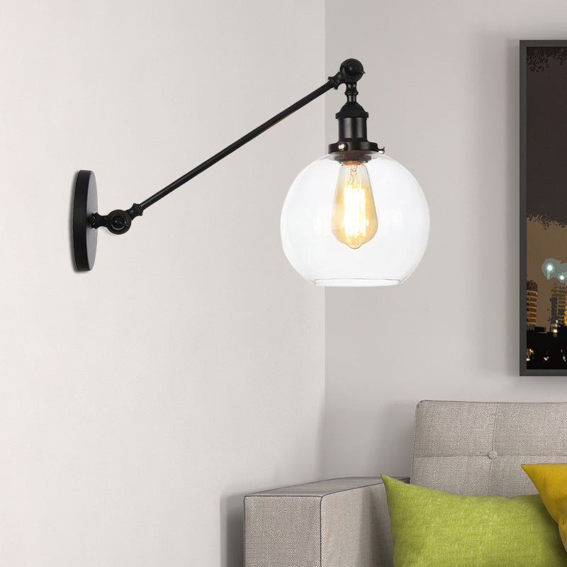 BowLift | Clear Glass Globe Wall Lighting Country House 1 Light Living Room Fixture in Black/ Brass/ Bronze with Arm, 8"/12" L