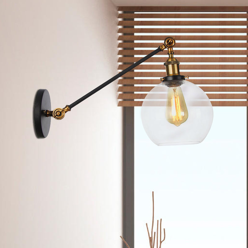 BowLift | Clear Glass Globe Wall Lighting Country House 1 Light Living Room Fixture in Black/ Brass/ Bronze with Arm, 8"/12" L