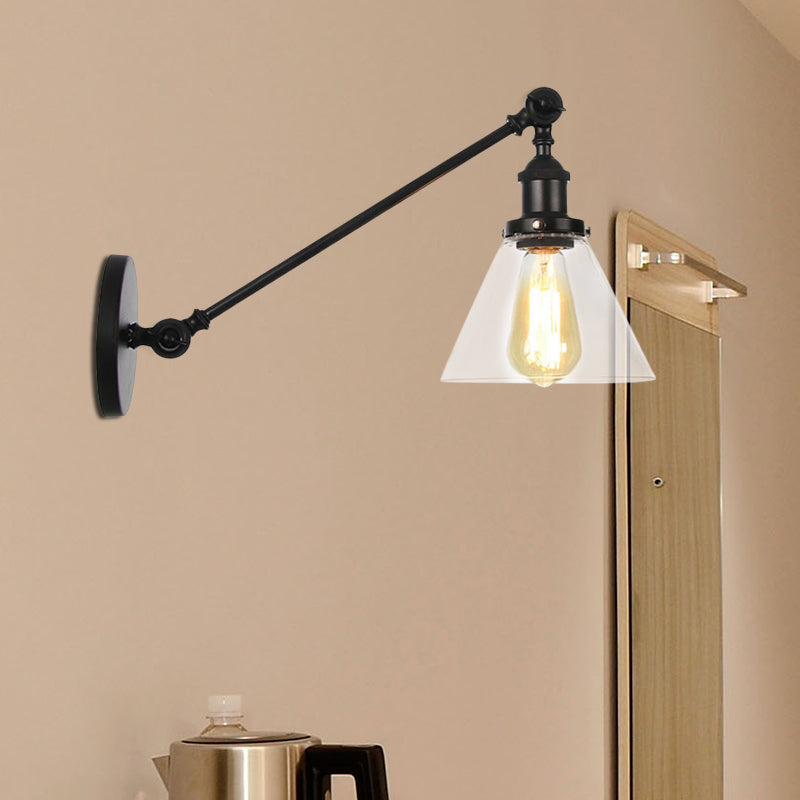 BowLift | Industrial Conical Wall Lamp 1 Light Clear Glass Lighting in Black/Bronze/Brass, 8"/12" L Arm
