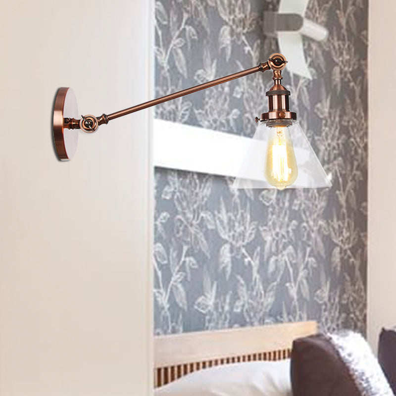 BowLift | Industrial Conical Wall Lamp 1 Light Clear Glass Lighting in Black/Bronze/Brass, 8"/12" L Arm