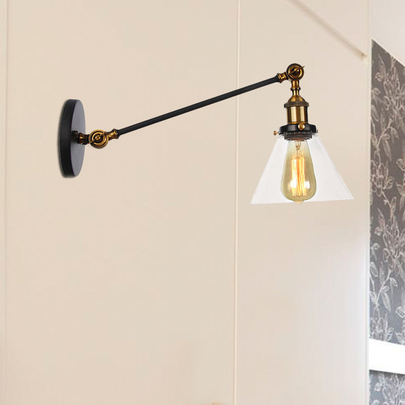 BowLift | Industrial Conical Wall Lamp 1 Light Clear Glass Lighting in Black/Bronze/Brass, 8"/12" L Arm