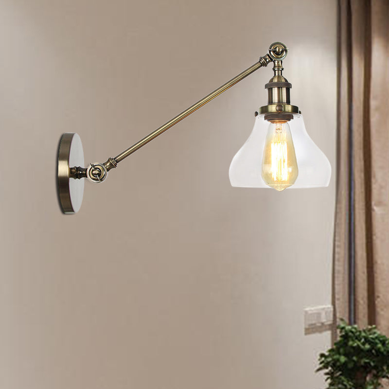 BowLift | 1 Light Indoor Lighting Fixture Farmhouse Black/Bronze/Brass Wall Lamp with Pear Clear Glass Shade, 8"/12" L Arm