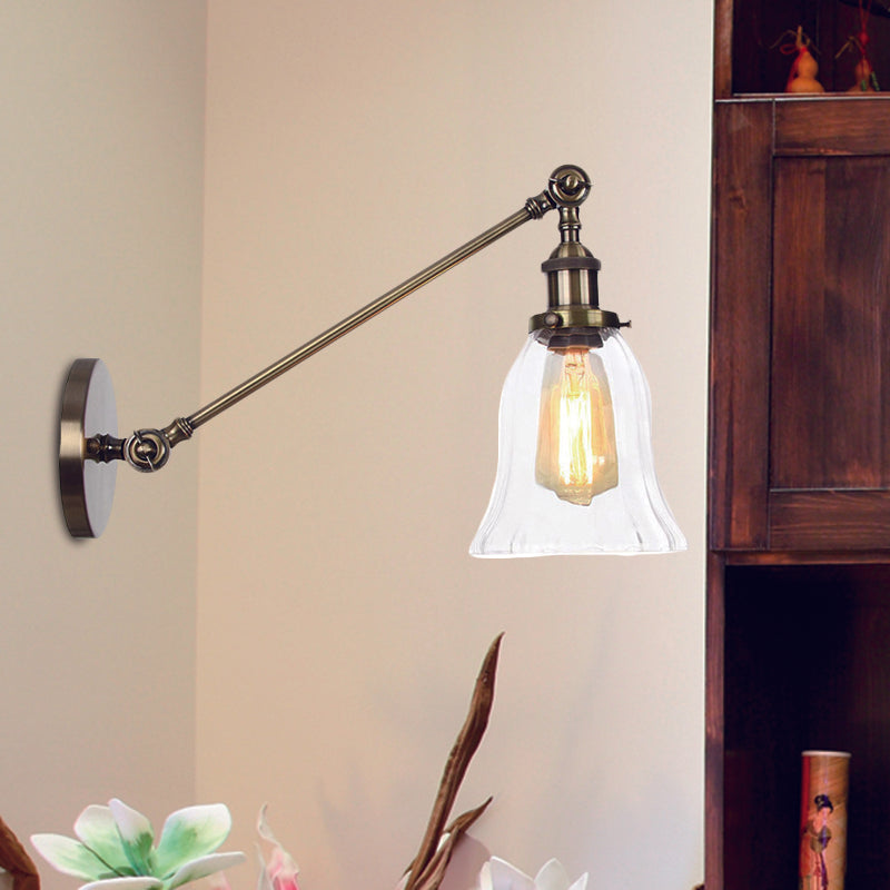 BowLift | Black/Bronze/Brass 1 Light Wall Lighting Unit Vintage Clear Glass Bell Wall Lamp with Arm, 8"/12" Long