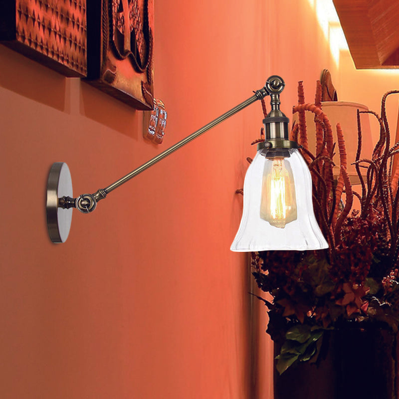 BowLift | Black/Bronze/Brass 1 Light Wall Lighting Unit Vintage Clear Glass Bell Wall Lamp with Arm, 8"/12" Long
