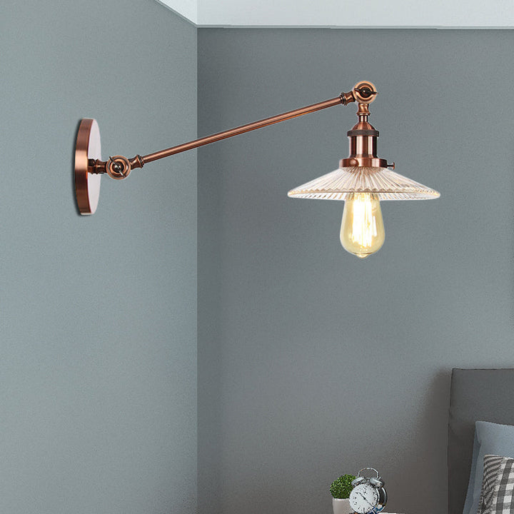 BowLift | Clear Ribbed Glass Bronze/Brass/Copper Wall Mounted Lamp Shade 1 Light Vintage Lighting Fixture, 8"/12" L Arm