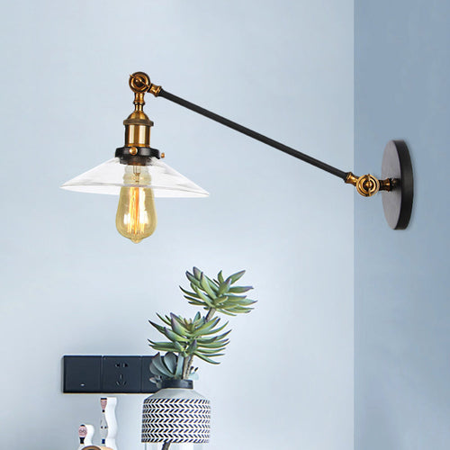 BowLift | 1 Light Indoor Wall Lamp Vintage Black/Brass/Bronze Lighting Fixture with Cone Transparent Glass Shade, 8