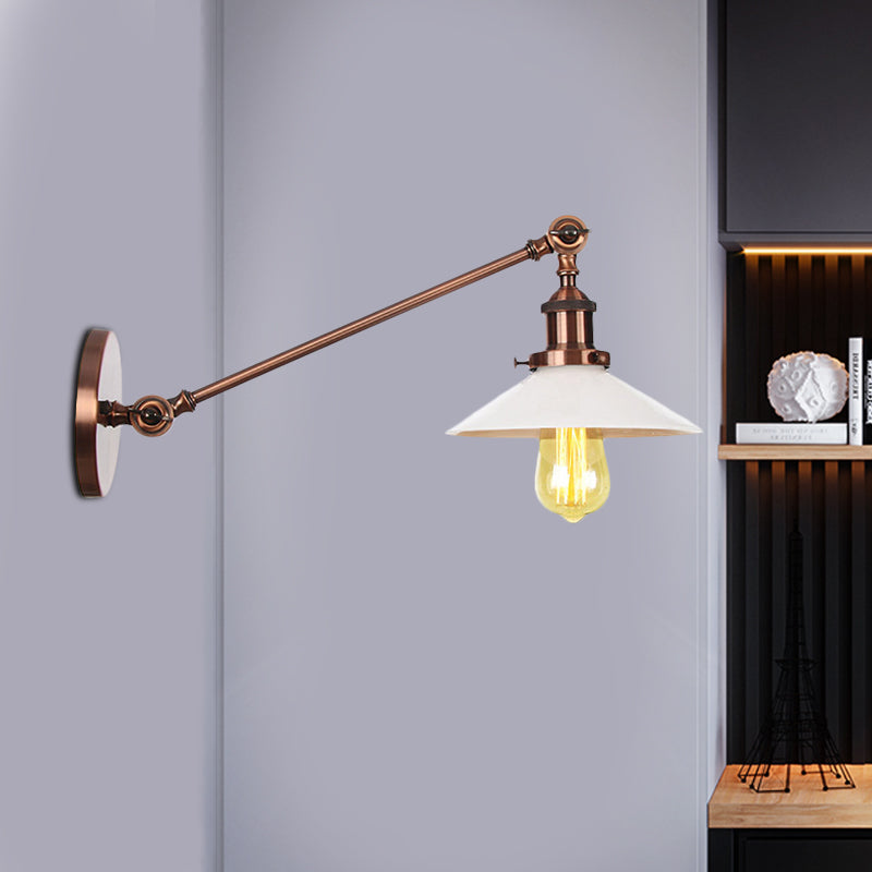 BowLift | Industrial Conical Wall Lamp 1 Light Opal Glass Wall Lamp in Black/Copper/Brass with Arm, 8"/12" L