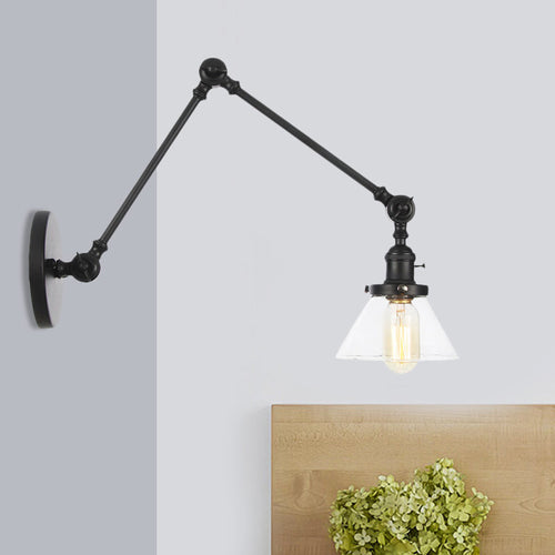 BowLift | 1 Light Wall Lamp Industrial Cone Clear/Amber Glass Wall Lamp in Black/Bronze/Brass with Adjustable Arm, 8“+8