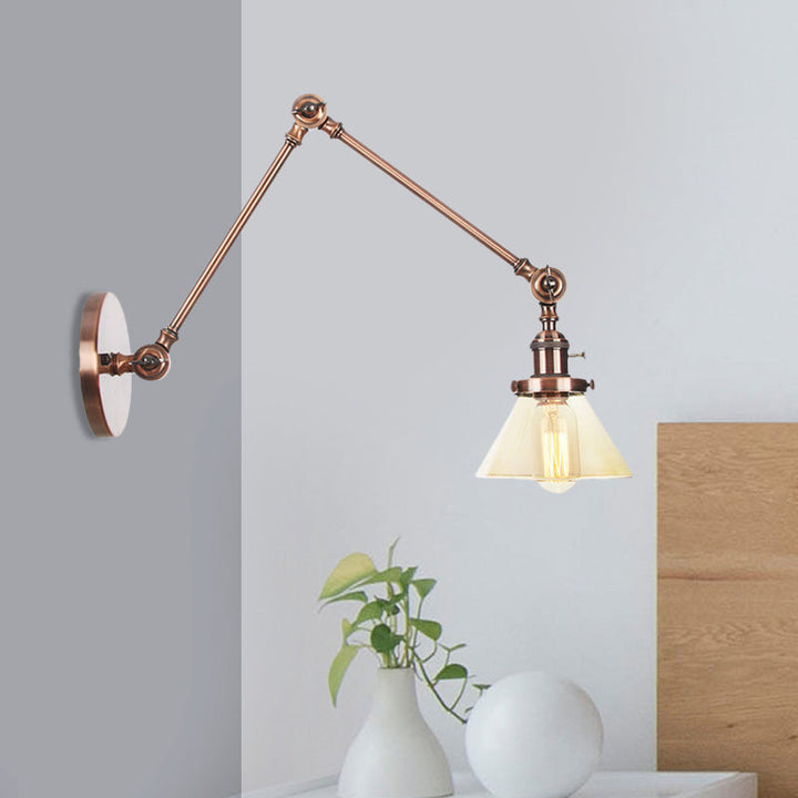 BowLift | 1 Light Wall Lamp Industrial Cone Clear/Amber Glass Wall Lamp in Black/Bronze/Brass with Adjustable Arm, 8“+8"/8"+8"+8" Long