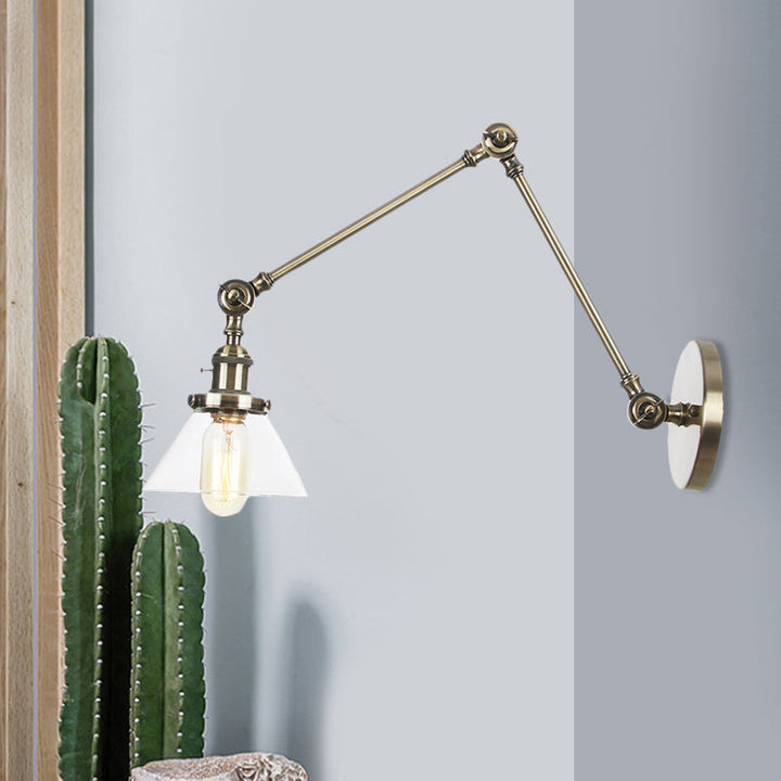 BowLift | 1 Light Wall Lamp Industrial Cone Clear/Amber Glass Wall Lamp in Black/Bronze/Brass with Adjustable Arm, 8“+8"/8"+8"+8" Long