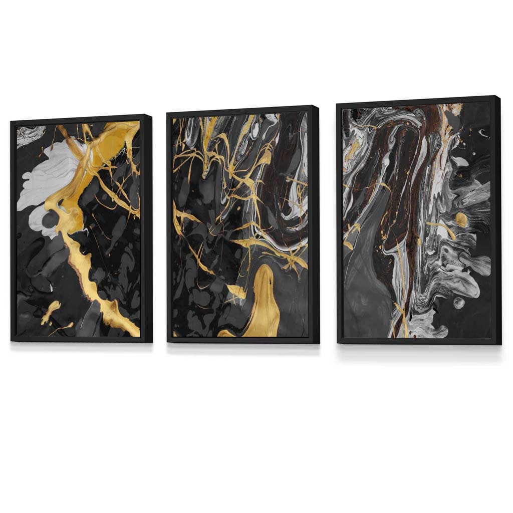 Abstract black and yellow liquid splatter framed wall art prints | Bowlift