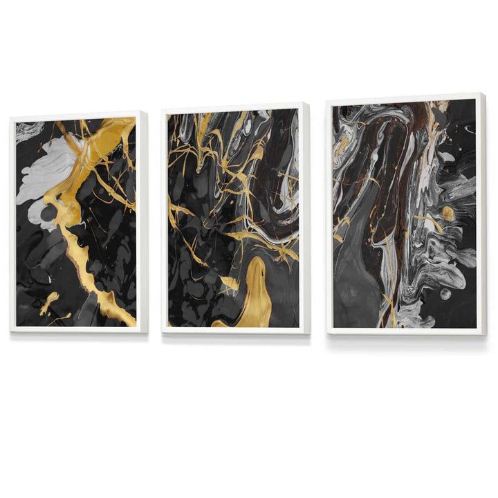 Abstract black and yellow liquid splatter framed wall art prints | Bowlift