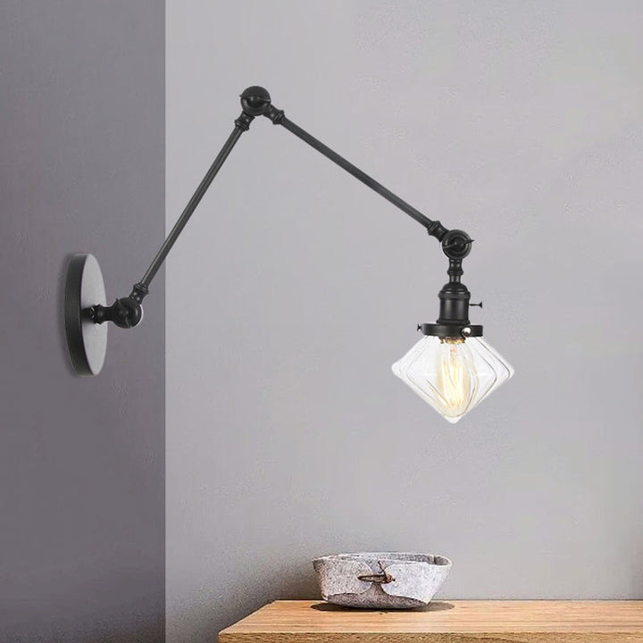 BowLift | 1 Light Dining Room Wall Lamp Vintage Black/Bronze/Brass Wall Mounted Lamp with Diamond Clear/Amber Glass Shade, 8"+8"/8"+8"+8" L Adjustable Arm