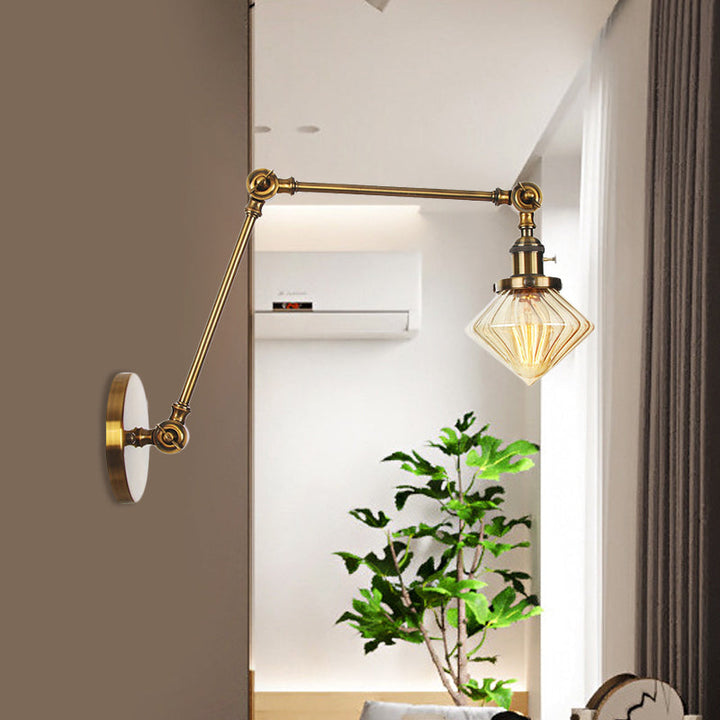 BowLift | 1 Light Dining Room Wall Lamp Vintage Black/Bronze/Brass Wall Mounted Lamp with Diamond Clear/Amber Glass Shade, 8"+8"/8"+8"+8" L Adjustable Arm