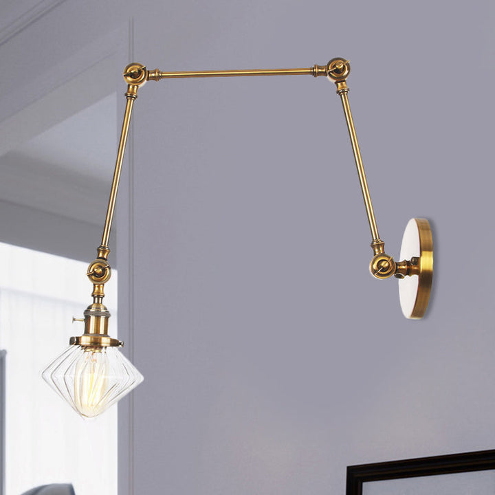 BowLift | 1 Light Dining Room Wall Lamp Vintage Black/Bronze/Brass Wall Mounted Lamp with Diamond Clear/Amber Glass Shade, 8"+8"/8"+8"+8" L Adjustable Arm