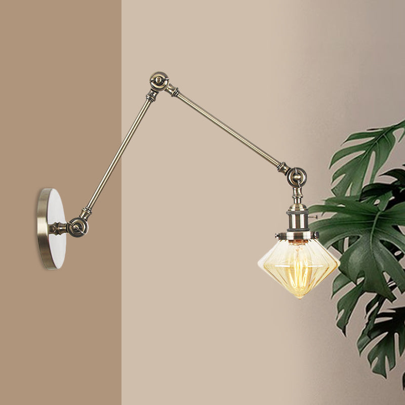 BowLift | 1 Light Dining Room Wall Lamp Vintage Black/Bronze/Brass Wall Mounted Lamp with Diamond Clear/Amber Glass Shade, 8"+8"/8"+8"+8" L Adjustable Arm