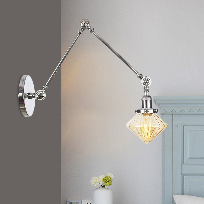 BowLift | 1 Light Dining Room Wall Lamp Vintage Black/Bronze/Brass Wall Mounted Lamp with Diamond Clear/Amber Glass Shade, 8"+8"/8"+8"+8" L Adjustable Arm