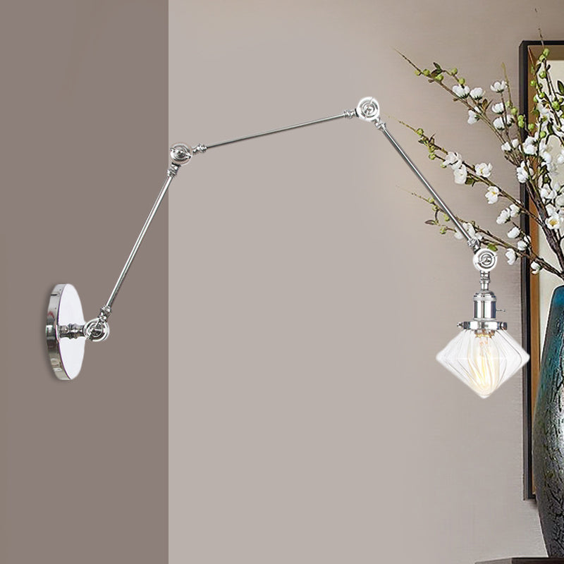 BowLift | 1 Light Dining Room Wall Lamp Vintage Black/Bronze/Brass Wall Mounted Lamp with Diamond Clear/Amber Glass Shade, 8"+8"/8"+8"+8" L Adjustable Arm