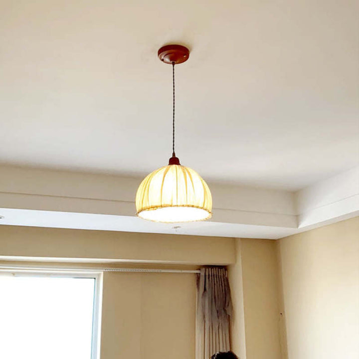 EcoLume - Minimalist Scandinavian LED Pendant Light Beige Fabric Shade, AdjustaBowlifte for Living Room and Dining Room | Bowlift