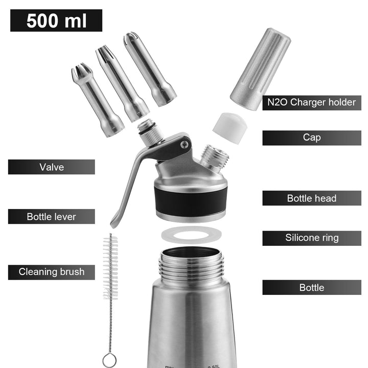 Sahne dispenser stainless steel with 3 nozzles 500ml | Bowlift