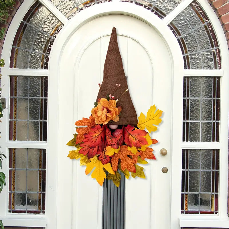 BowLift | Halloween Front Door Wreath | Fall Gnome & Maple Leaf Design | 16-Inch Rustic Decor