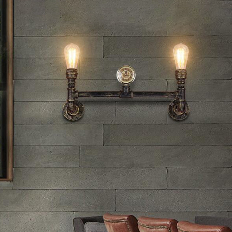 BowLift | Iron Bronze Finish Wall Lamp Bare Bulb 2-Head Antiqued Sconce Lighting with Gauge Deco
