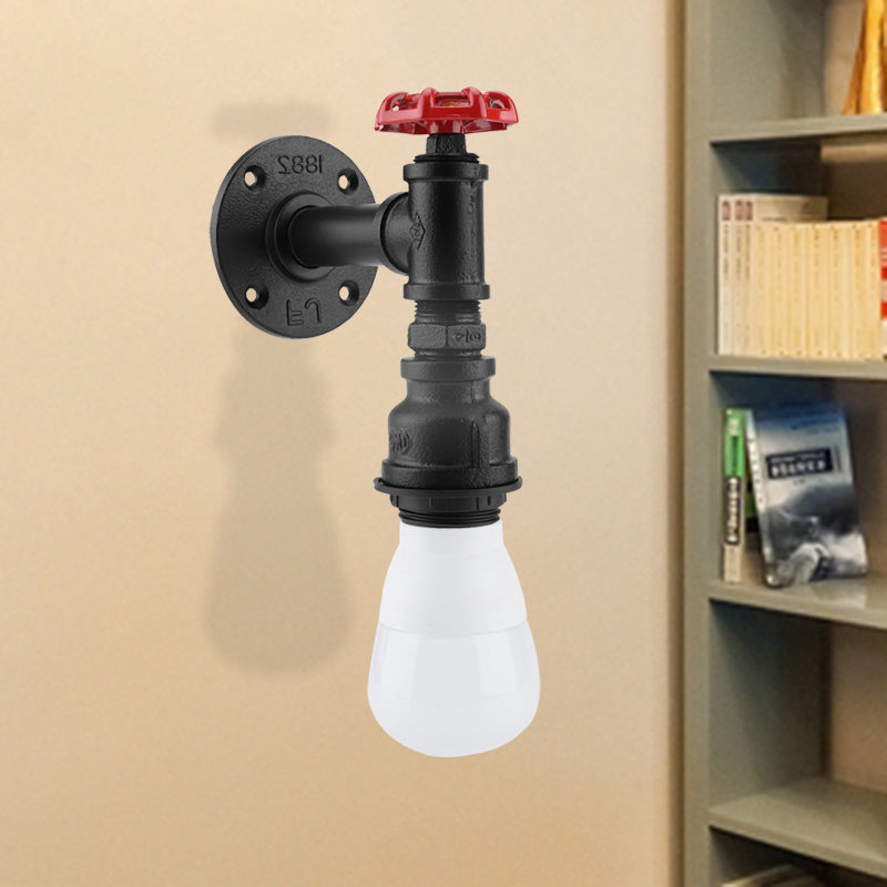 BowLift | Black 1-Bulb Wall Lamp Farmhouse Iron Pipe Wall Mount Lighting with Red Valve Decoration for the Corner