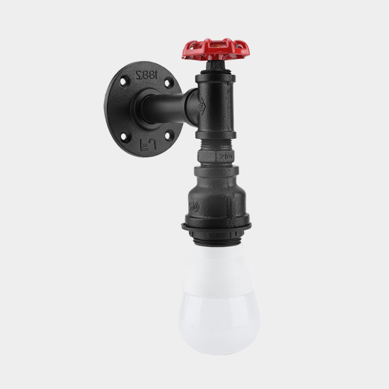 BowLift | Black 1-Bulb Wall Lamp Farmhouse Iron Pipe Wall Mount Lighting with Red Valve Decoration for the Corner