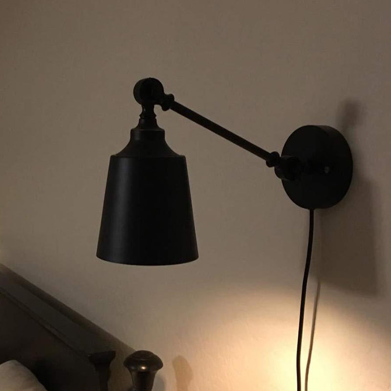 BowLift | Iron Bell Wall Mount Sconce Industrial 1 Head Nightstand Plug-In Wall Light Fixture in Black with Swivel Arm