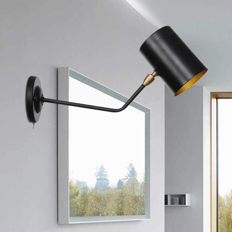 BowLift | Right Angle Arm Iron Wall Light Vintage 1-Light Study Room Wall Mount Fixture in Black with Cylinder Shade, 6"/10" H