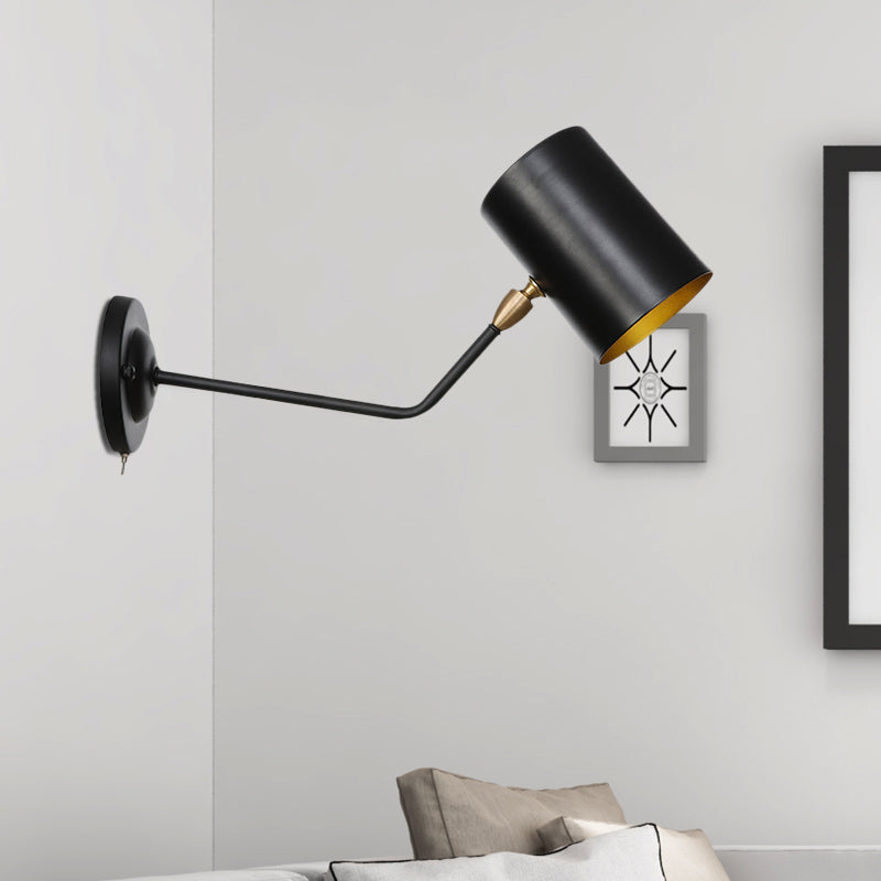 BowLift | Right Angle Arm Iron Wall Light Vintage 1-Light Study Room Wall Mount Fixture in Black with Cylinder Shade, 6"/10" H