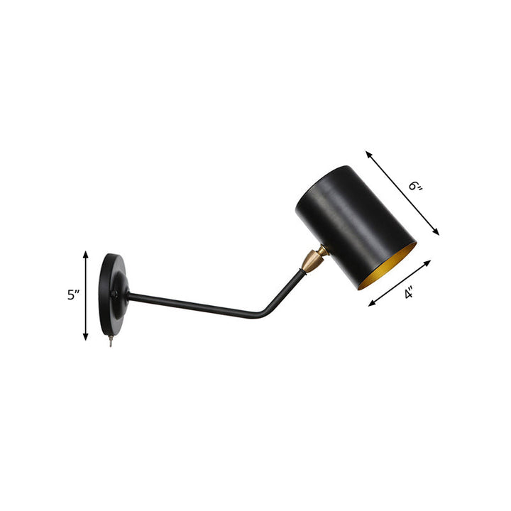 BowLift | Right Angle Arm Iron Wall Light Vintage 1-Light Study Room Wall Mount Fixture in Black with Cylinder Shade, 6"/10" H