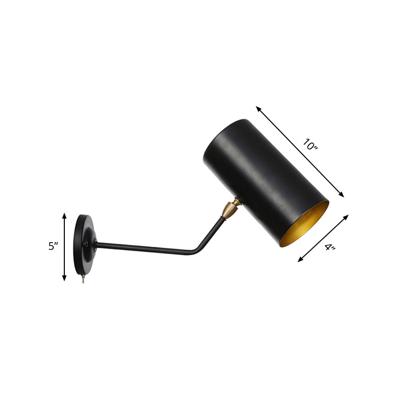BowLift | Right Angle Arm Iron Wall Light Vintage 1-Light Study Room Wall Mount Fixture in Black with Cylinder Shade, 6"/10" H