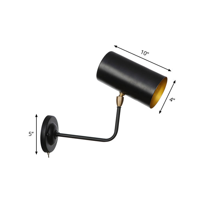 BowLift | 1 Light Sconces Lighting Fixture Industrial Cylinder Metal Wall Lamp in Black with Curved Arm for Bedside