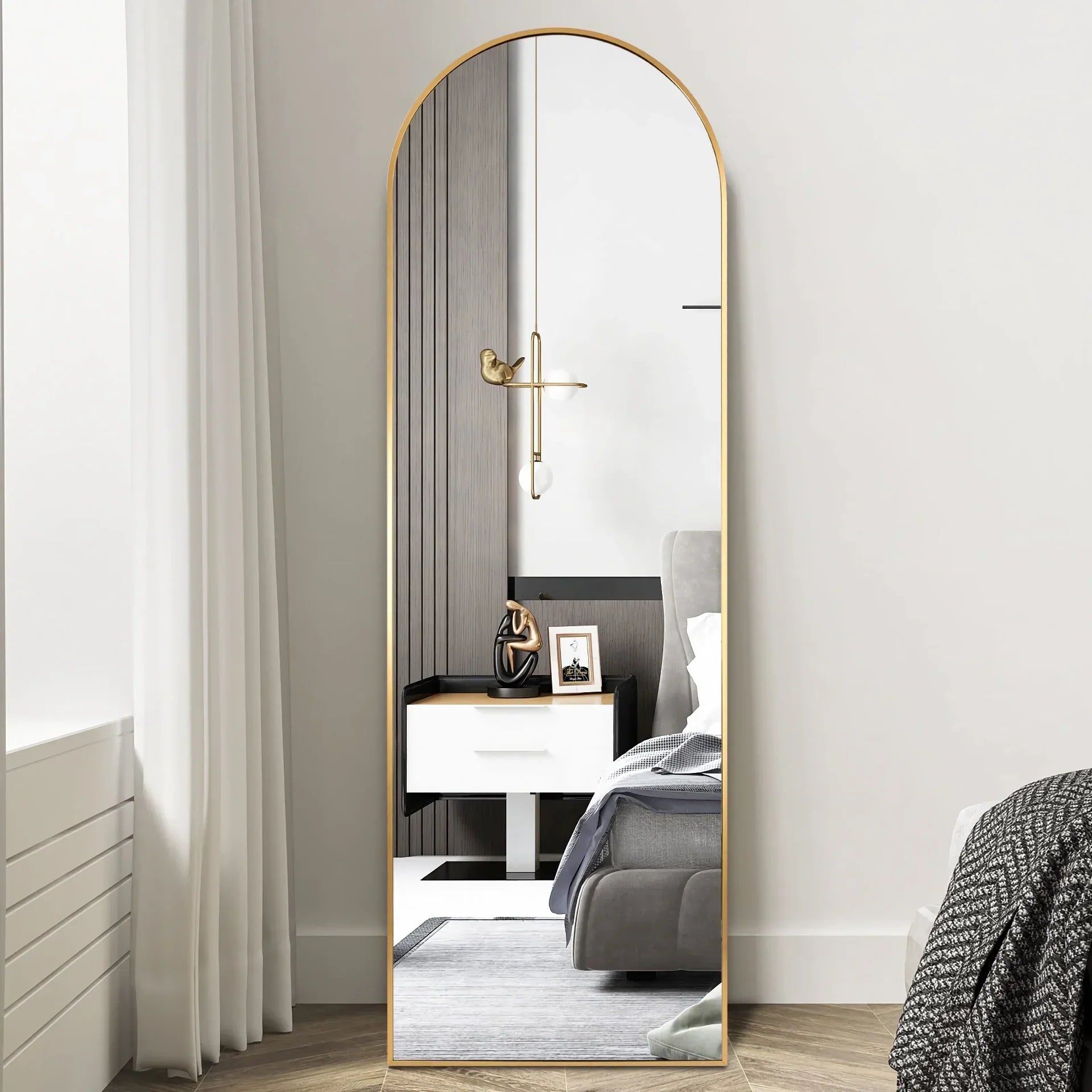 BowLift | 18" x 58" Arched Full Length Mirror with Stand – Elegant Gold Design
