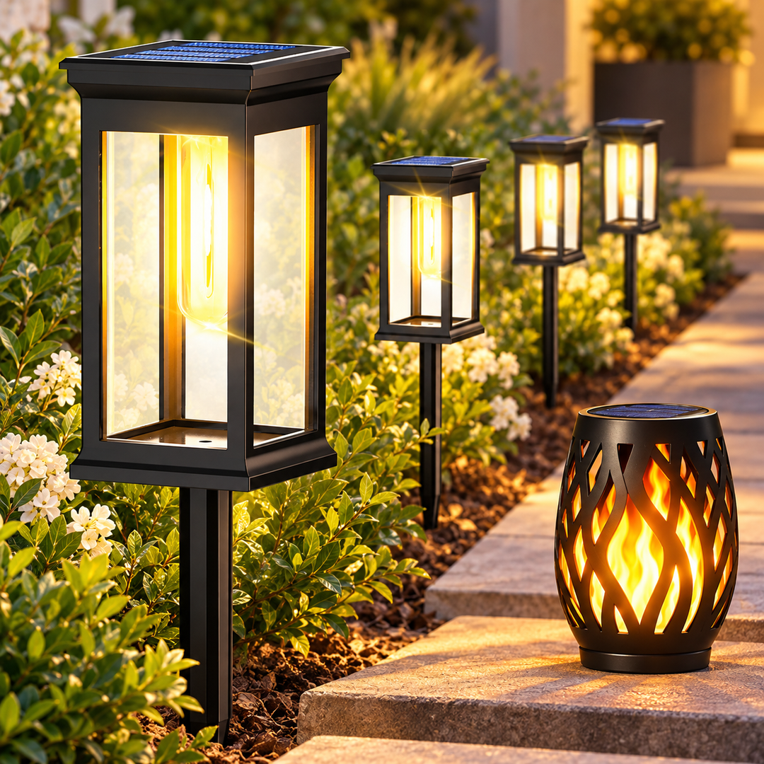 Solar-Powered Warm White LED Glass Lantern Garden Stake Lights Set Bowlift