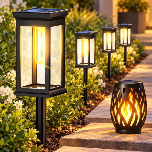 Solar-Powered Warm White LED Glass Lantern Garden Stake Lights Set Bowlift