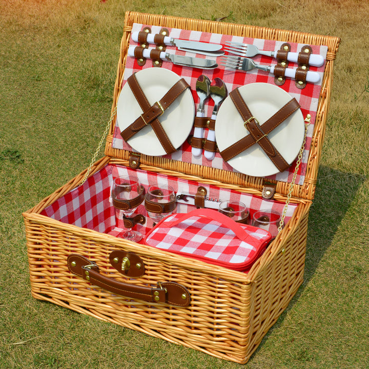 Ladies picnic basket with complete dinnerware set and practical carrying strap Bowlift
