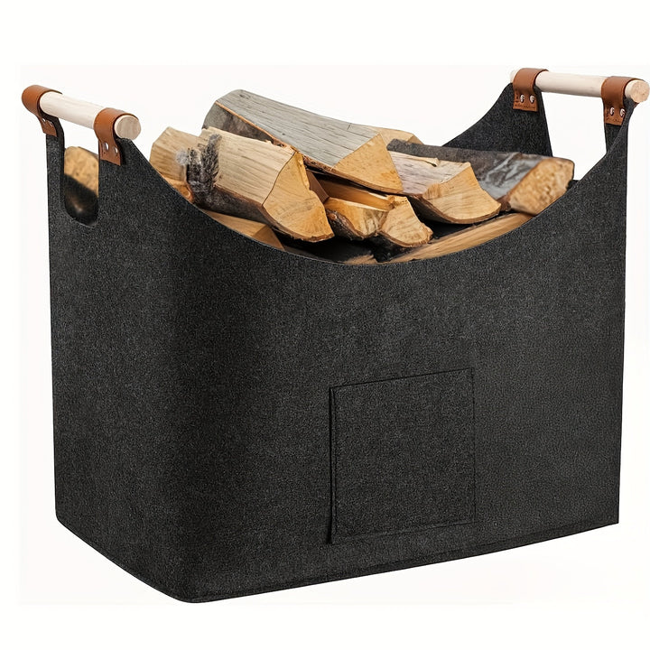 BowLift | Feldura Foldable Felt Wood Holder 55 liters with Wooden Handles and Leather Accents, Dark Gray