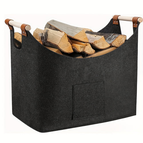 BowLift | Felt log basket FELDURA | Collapsible | 55L volume | With wooden handles & leather details | Dark gray