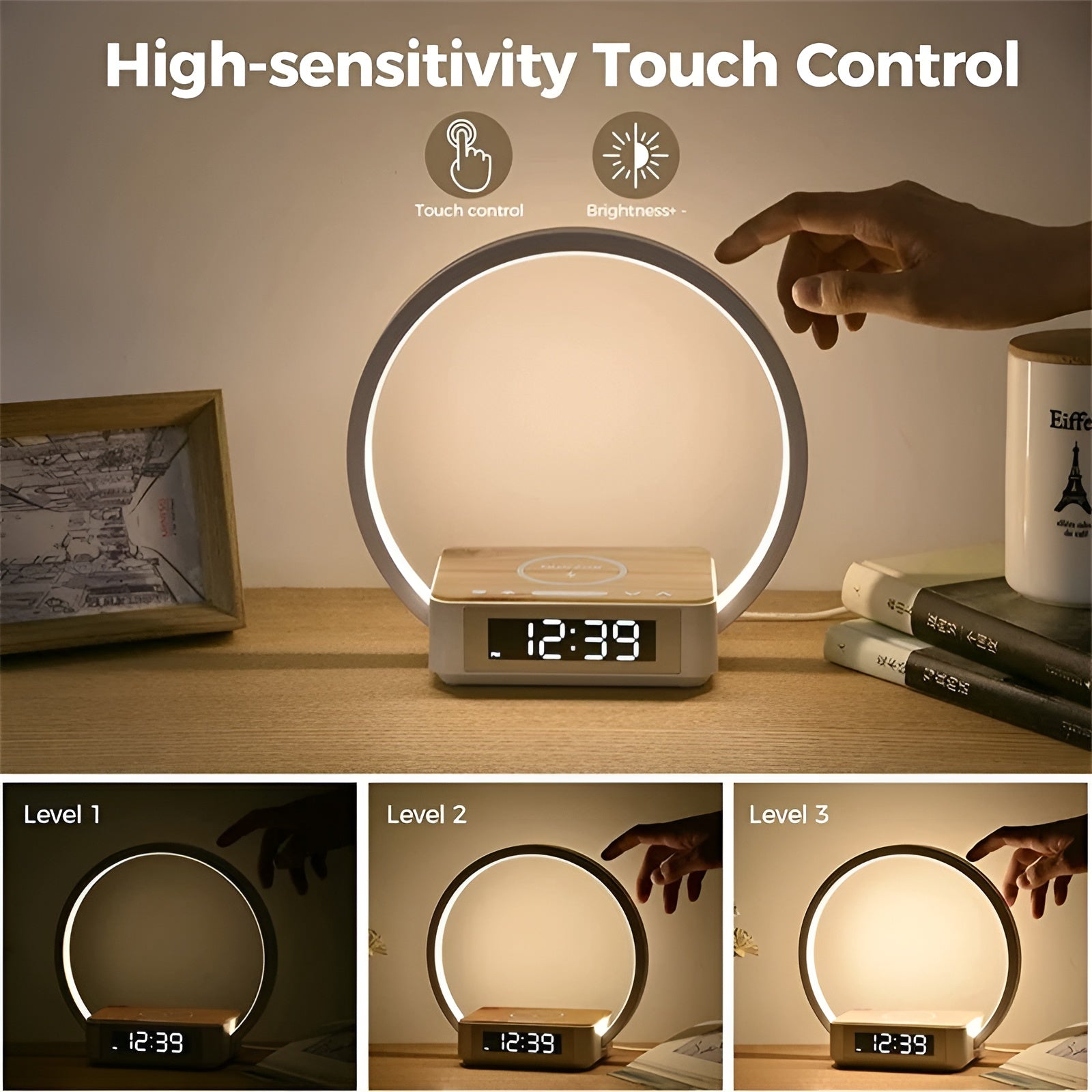 BowLift | GlowMax 3-in-1 LED Table Lamp – Wireless Charger, Alarm Clock & Touch Control