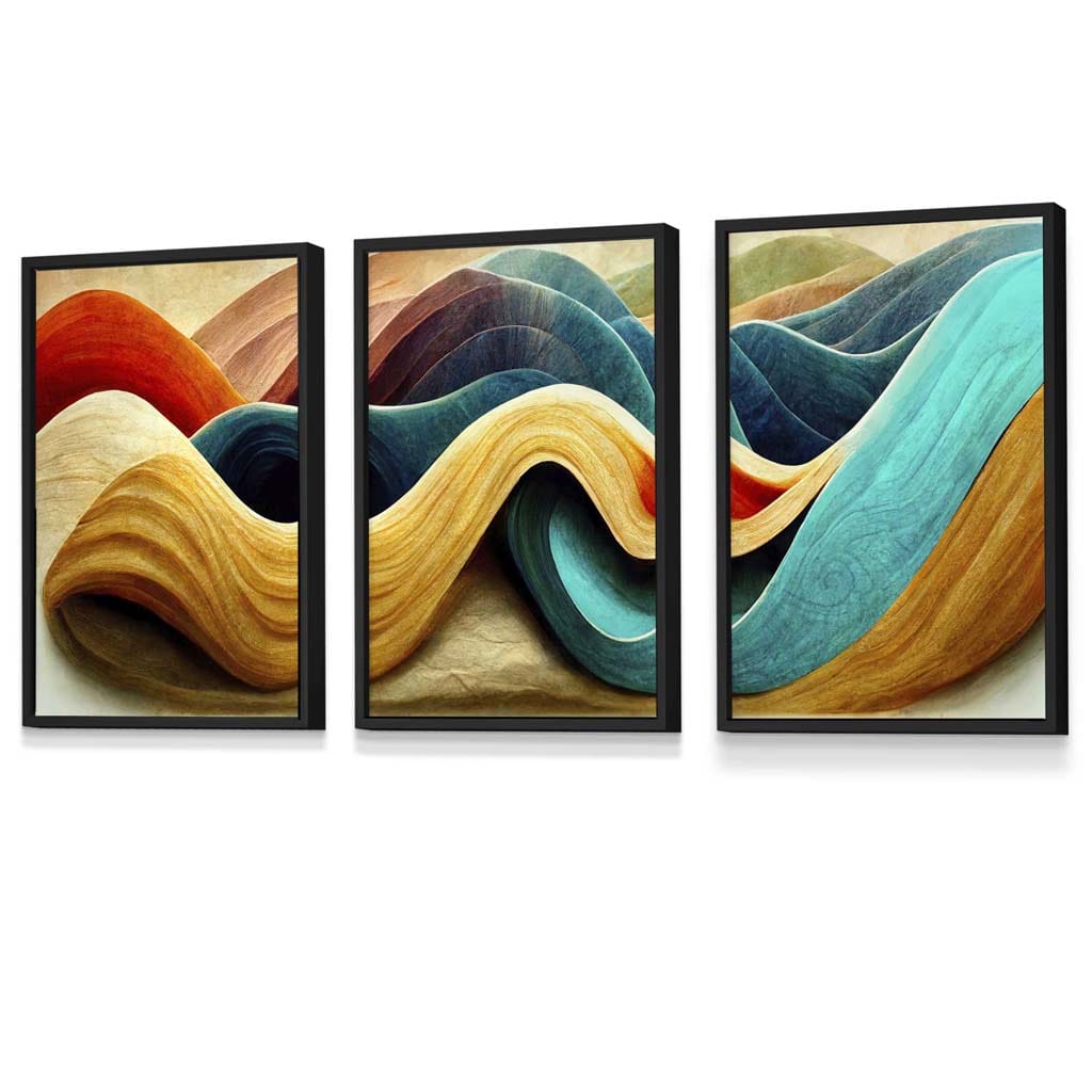 Abstract Yellow Blue Cerulean Waves Set of 3 Framed Wall Art | Bowlift