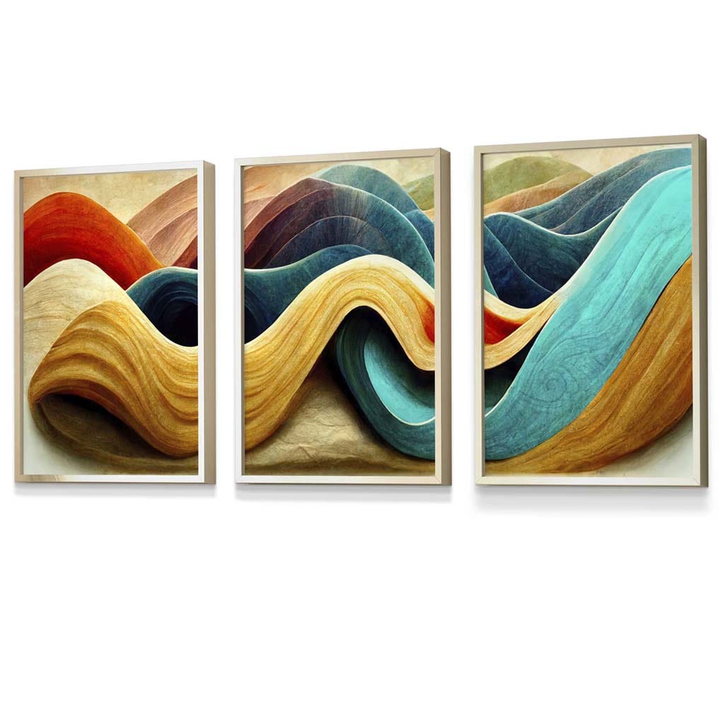 Abstract Yellow Blue Cerulean Waves Set of 3 Framed Wall Art | Bowlift