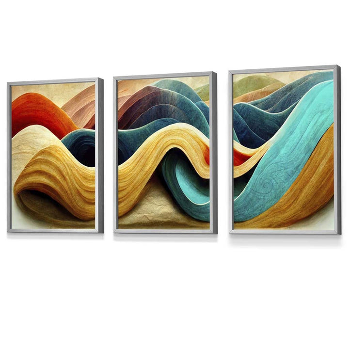 Abstract Yellow Blue Cerulean Waves Set of 3 Framed Wall Art | Bowlift