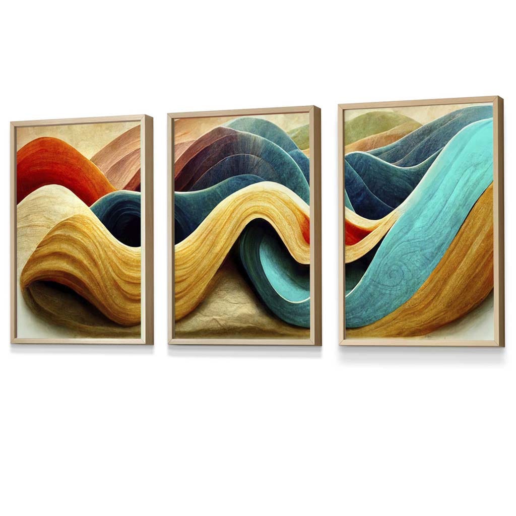 Abstract Yellow Blue Cerulean Waves Set of 3 Framed Wall Art | Bowlift