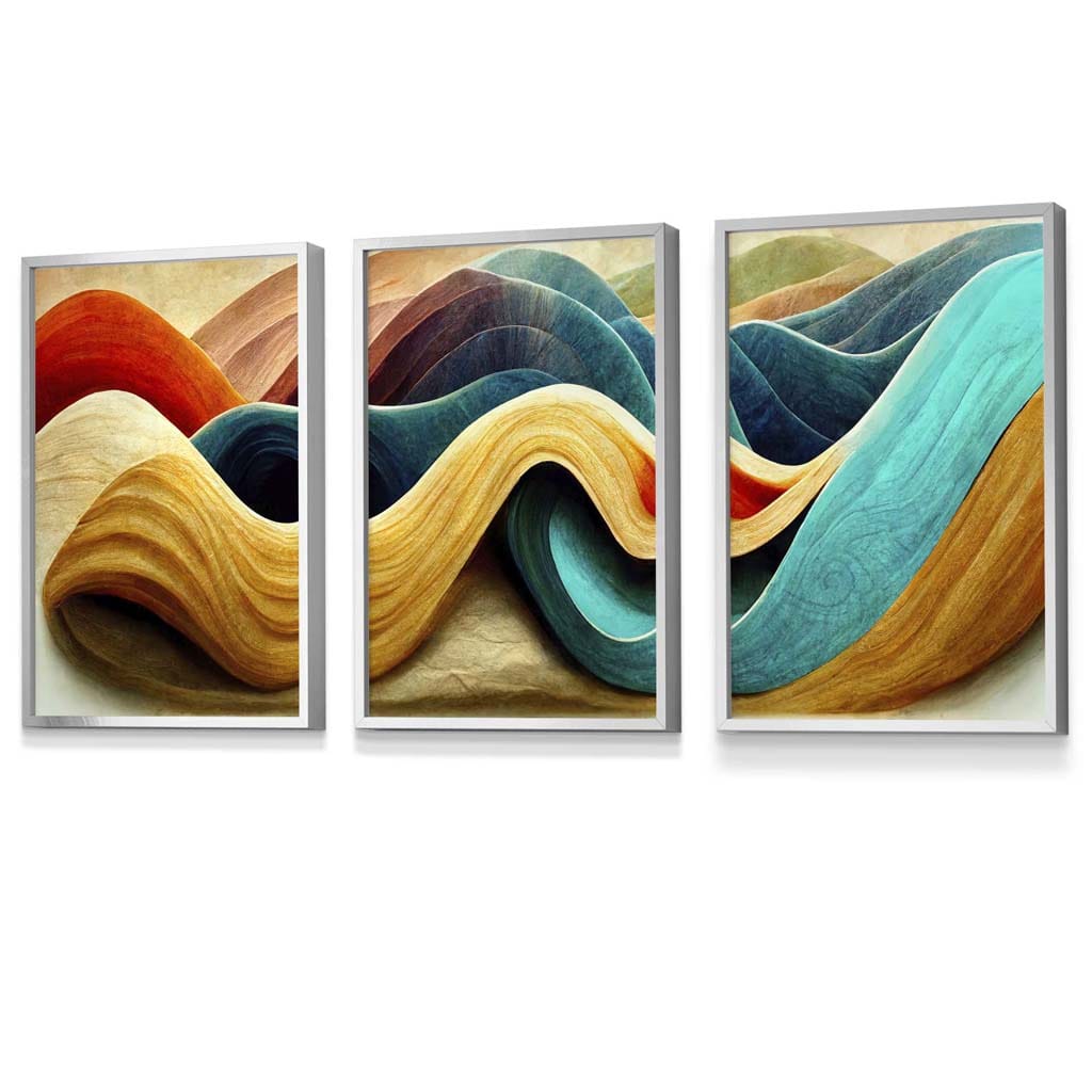 Abstract Yellow Blue Cerulean Waves Set of 3 Framed Wall Art | Bowlift