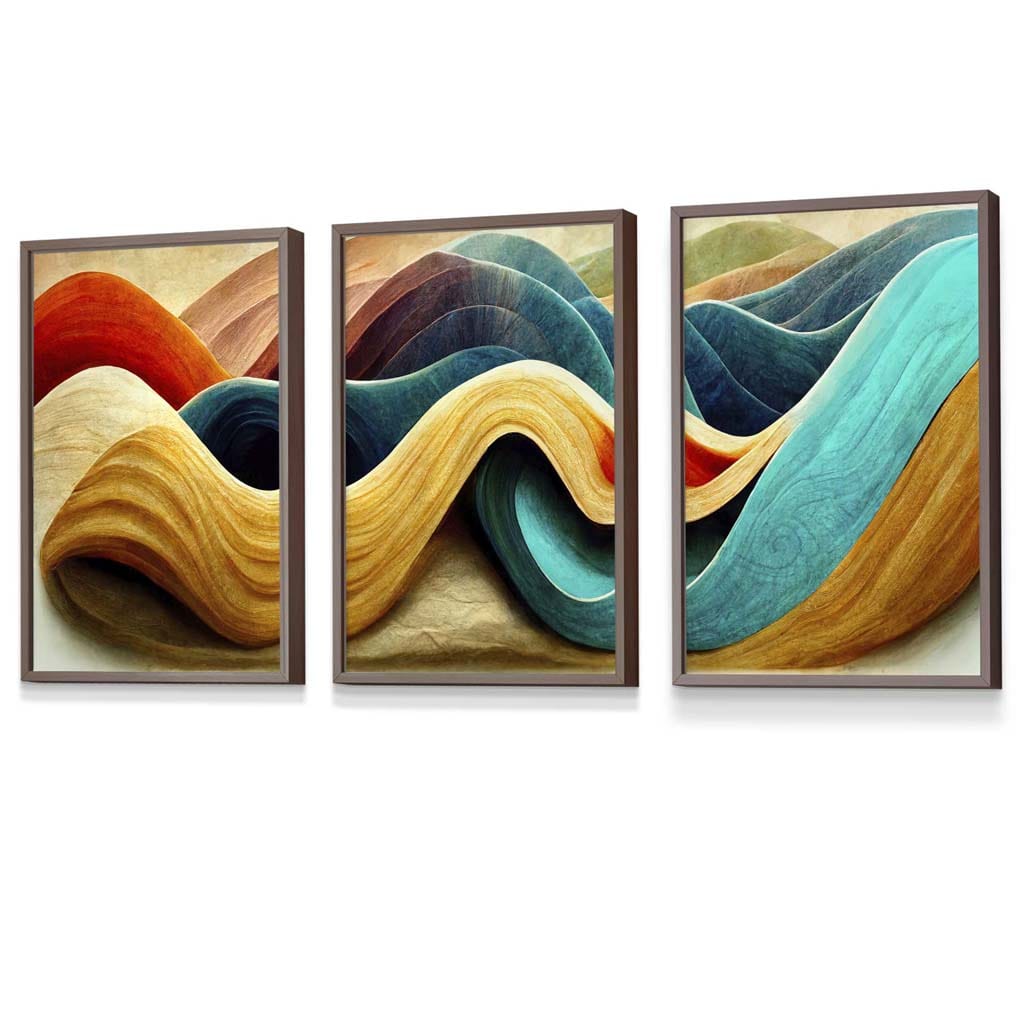 Abstract Yellow Blue Cerulean Waves Set of 3 Framed Wall Art | Bowlift