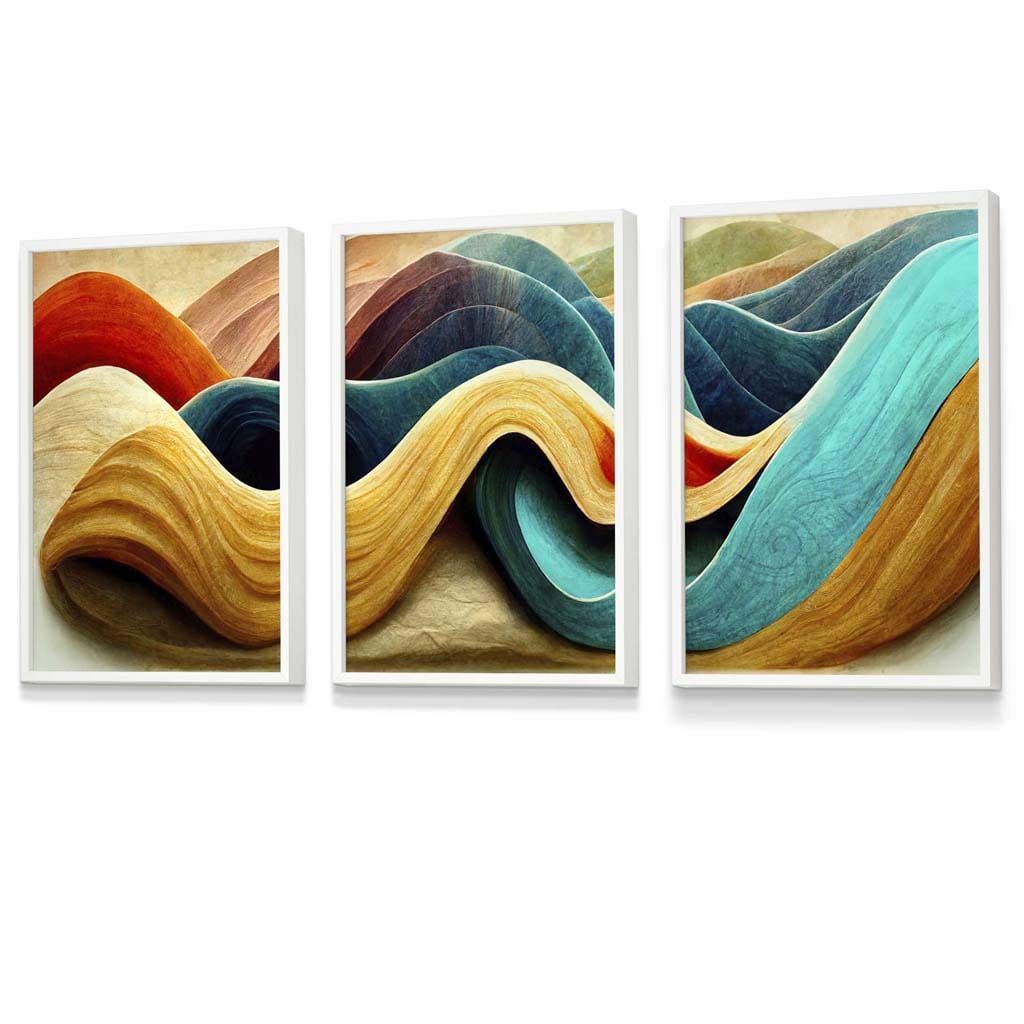 Abstract Yellow Blue Cerulean Waves Set of 3 Framed Wall Art | Bowlift