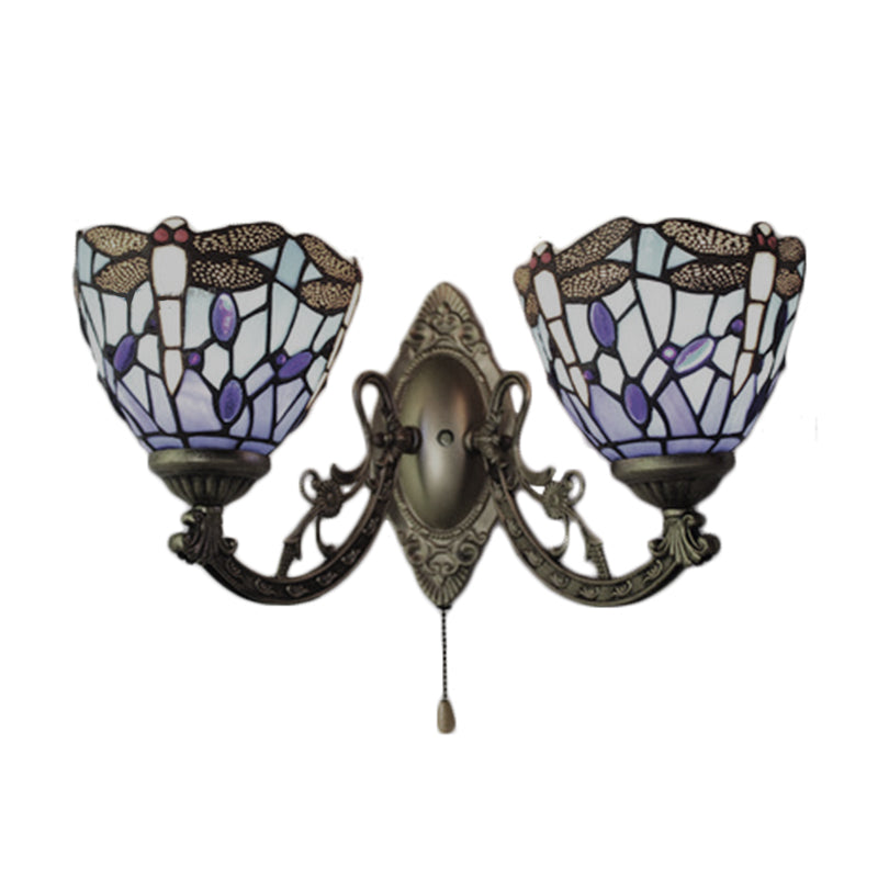 BowLift | 8.5"/11" Width Dragonfly Living Room Wall Lamp Stained Glass 2 Heads Tiffany Vintage Wall Light in Blue